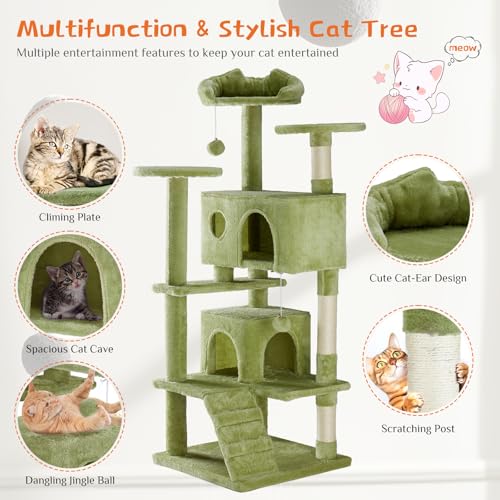 Sweetcrispy 54 Inch Cats Tree Tower, Multi-Level with Cat Scratching Post, Indoor Cat Condo with Climbing Ladder, Plush Toy, Play House for Cats, Green