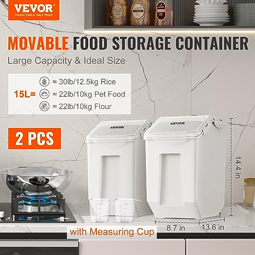 VEVOR Ingredient Storage Bin, 2 x 15L Dispenser Bin with 2 Measuring Cups, Attachable Casters and Airtight Lid, 2 Pcs/Set Dog Pet Food Storage Container, PP Material Kitchen Rice Cereal Flour Bin