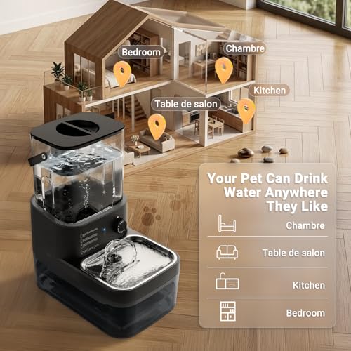 3L Filterless Cat Water Fountain, Wireless Motion Sensor Fountain with 4000mAh Battery, Stainless Steel Cat Bowls, Separate Water Tanks, Quiet – Black