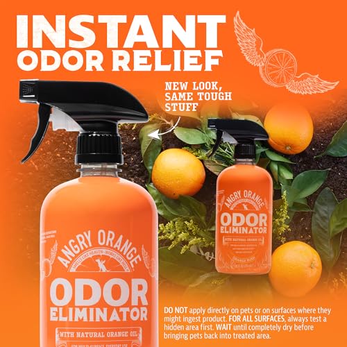 ANGRY ORANGE Pet Odor Eliminator for Dog and Cat Urine, Carpet Stains, and Strong Smells – NEW Orange Rush Scent – Citrus Cleaner with Natural Orange Oil – 24 oz