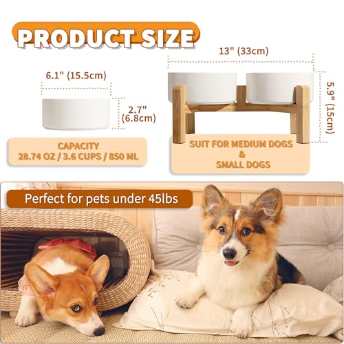 Elevated Ceramic Dog Bowl Set - Raised Dog Bowls with Non-Slip Bamboo Stand - Dog Food and Water Bowl Set - Double Dog Feeding Bowls - Suitable for Small and Medium Dogs - 28.74 OZ - 3.6 CUPS - 850 ML