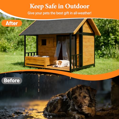 HomeSheek Large Dog House with Dog Bowls Stand, Outdoor Weatherproof XL Dog Kennel with Openable Roof, Easy Assembly All-Around Iron Frame Design for Outside Medium Big XLarge Breed Dogs