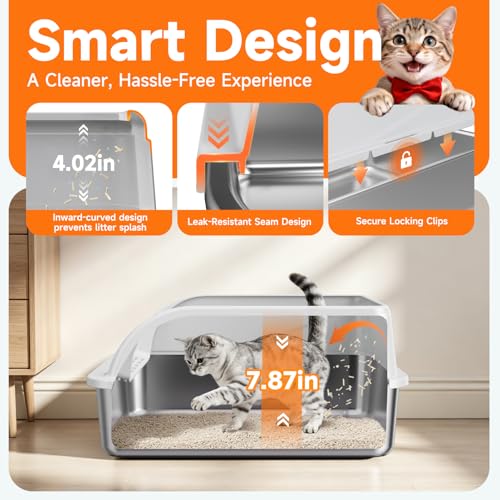 OneBug Stainless Steel High Sides Cat Litter Box with Scoop, Open Top Litter Pan for Indoor Cats, Easy to Clean, Reduced Litter Scatter, Medium