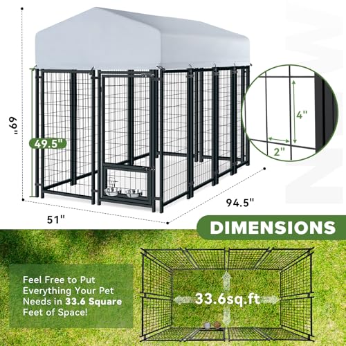 Oranland 8x4x6FT Outdoor Dog Kennel, Heavy Duty Welded Wire Steel Dog Kennel for Large Dogs with Secure Lock, Upgraded Heat Dissipation & Reflective Silver Waterproof Roof with 2 Rotating Dog Bowls