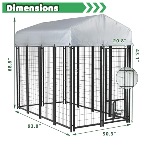 LEMBERI Heavy Duty Large Outdoor Dog Kennel 8x4x6 FT, Escape-Proof Dog Run with Double-Latch Gate, Heat Dissipation Sunshade Cover & 2 Stainless Steel Bowls, Galvanized Steel Dog Cage Enclosure