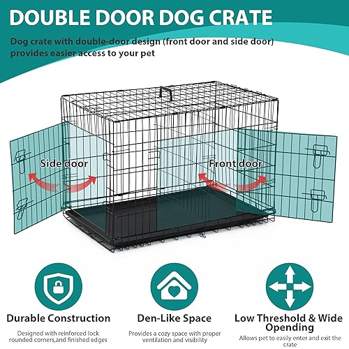 48 Inch Extra Large Dog Crates for Medium Dogs Double-Door Folding XXL Dog Crates for Large Dogs Indoor/Outdoor Dog Cages for Large Dogs Metal Wire Dog Kennel with Plastic Tray and Handle(Black)