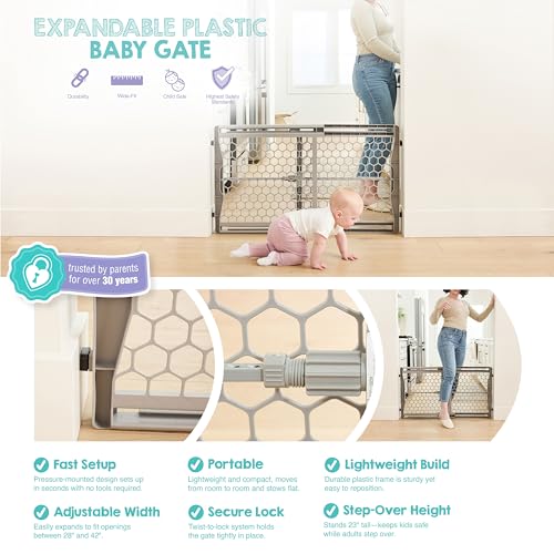 Regalo Safety 28"-42" Extra Wide Expandable Baby Gate for Doorways & Bottom of Stairs, Pressure Mounted Safety Gate for Babies, Toddlers & Pets, Tested & Safe for 30 Years, American Designed and Owned