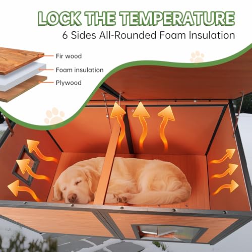 Extra Large Dog House Outdoor Weatherproof Dog Shelter Large Wooden Insulated Houses with Upgrade Anti-Chewing Iron Frame