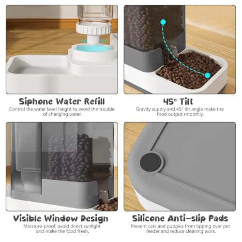 GearRoot Automatic Cat Feeder and Water Dispenser, 2 in 1 Gravity Pet Food Feeder and Water Dispenser Detachable Cat Food Dispenser for Small Dogs and Cats, Gray