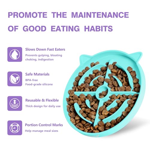 MateeyLife Slow Feeder Cat Bowl, 2 Pcs Cat Puzzle Feeder, Non-Slip Silicone Cat Dish, Prevent Overeating Cat Slow Feeder for Dry and Wet Food, Pet Bowls to Slow Down Eating, Easy to Clean