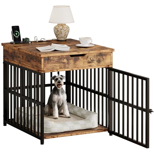 IRONCK Dog Crate Furniture for Small Dogs, Wooden Dog Kennel with Flip Top Drawer, Indoor Pet Crate End Table with Charging Station, Steel-Tube Dog Cage, Rustic Brown