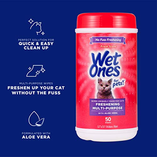 Wet Ones for Cats Freshening Wipes, Multi-Purpose Cat Grooming Wipes with Aloe Vera, Helps Remove Dirt, Odor, and Dander Between Baths, Fresh Scent, 50 Count