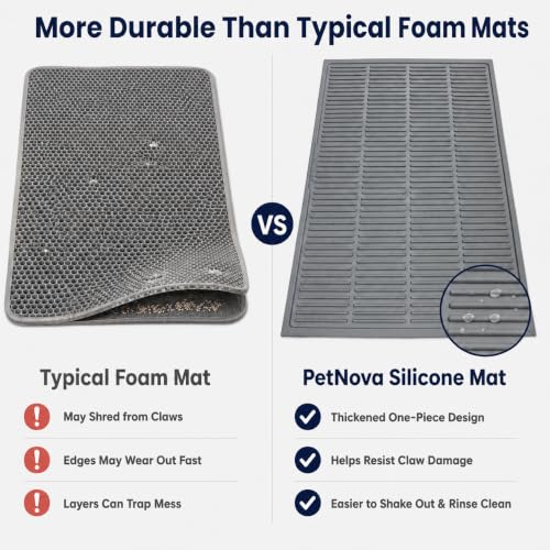 PetNova Durable Cat Litter Mat: Fewer Holes Edge Tears & Replacements | Large Thickened Silicone Mat Tested with 1,000+ Scratch Motions