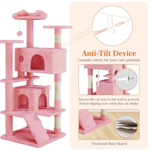 Sweetcrispy 54 Inch Cats Tree Tower, Multi-Level with Cat Scratching Post, Indoor Cat Condo with Climbing Ladder, Plush Toy, Play House for Cats, Pink