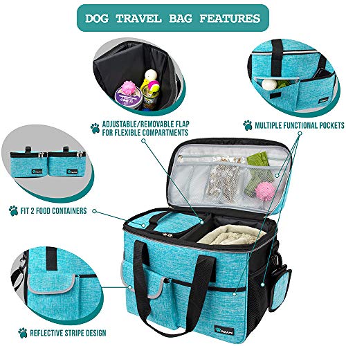 PetAmi Dog Travel Bag, Travel Pet Bag Organizer, Dog Food Travel Bag with Container Collapsible Bowls, Pet Travel Supplies Gift Accessories for Weekend Camping, Puppy Cat Diaper Bag, Teal Blue Medium