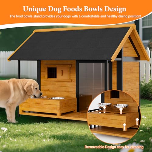 HomeSheek Large Dog House with Dog Bowls Stand, Outdoor Weatherproof XL Dog Kennel with Openable Roof, Easy Assembly All-Around Iron Frame Design for Outside Medium Big XLarge Breed Dogs