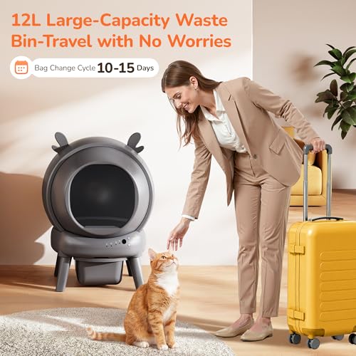 FurryKiddy Automatic Self Cleaning Litter Box, Cat Litter Box with APP Control, 65L Globe & Dual Safety Sensors, Robot Litter Box, 1 Roll Garbage Bags and Litter Mat, <35DB, for Multiple Cats, Grey