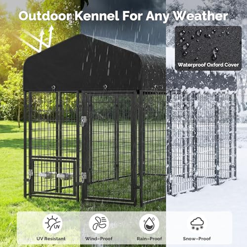 Sino Luban Dog Kennel Outdoor, 8x4x6FT Large Outside Dog Kennel with Roof, Heavy Duty Outdoor Kennel Dog Run Enclosure with 2 Rotating Bowls & Secure Lock for Large Dogs