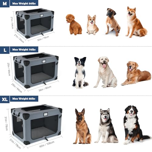 QUIBBLICK 30 Inch Soft Dog Crates, Collapsible Dog Travel Crate for Medium Dogs Indoor & Outdoor, 3-Door Foldable Pet Kennel with Mesh Windows, Soft Blanket and Foldable Bowl