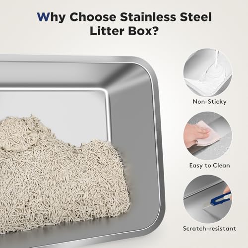 FURTIME Stainless Steel Litter Box with Lid, Large Enclosed Cat Litter Box for Big Cats, Metal Cat Box with High Sided Enclosure & Scoop, Front & Top Entry, Odor Free, Anti-Leakage, Grey