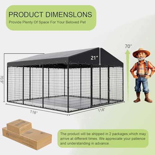 Gotland Dog Kennel Outdoor 10 x10 x6 FT, Dog Cage Outdoor for Medium/Large Dogs with Waterproof Roof Double Secure Locks Ground Spikes, All Weather Heavy Duty Dog Enclosure for Backyard Farm Ranch