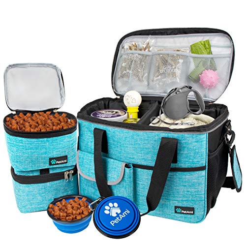 PetAmi Dog Travel Bag, Travel Pet Bag Organizer, Dog Food Travel Bag with Container Collapsible Bowls, Pet Travel Supplies Gift Accessories for Weekend Camping, Puppy Cat Diaper Bag, Teal Blue Medium