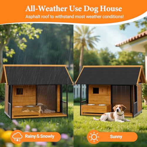 HomeSheek Large Dog House with Dog Bowls Stand, Outdoor Weatherproof XL Dog Kennel with Openable Roof, Easy Assembly All-Around Iron Frame Design for Outside Medium Big XLarge Breed Dogs