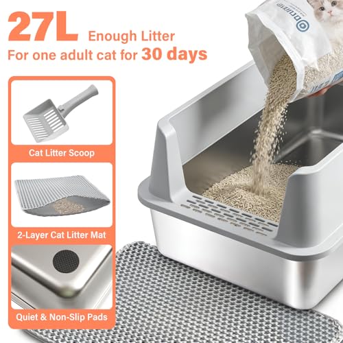Stainless Steel Cat Litter Box with Lid, XL Metal Litter Box, Extra Large Litterbox for Big Cats, High Sided | Easy Cleaning | Odor-Free Includes Scoop and Mat