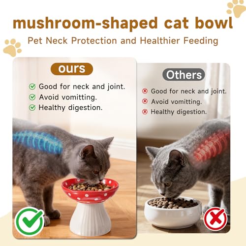 Mushroom Cat Bowl,Whisker Fatigue Cat Bowl,Cute Cat Bowls,Elevated Cat Food Bowl, Lead & Cadmium Free Ceramic Cat Bowls for Food and Water. (Red+Yellow)