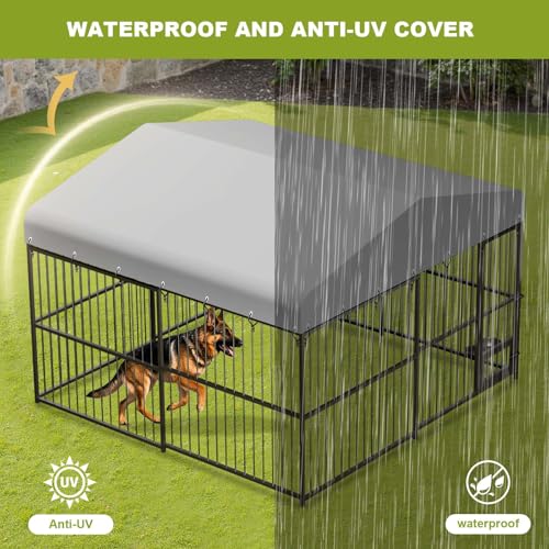 GarveeTech 10x10x6 ft Outdoor Dog Kennel Outdoor, Heavy-Duty Metal Dog Playpen with Waterproof Top Cover, Lock ＆ Swivel Feeding Bowl, Dog Crate Enclosure for All Dog Breeds, Easy Assembly