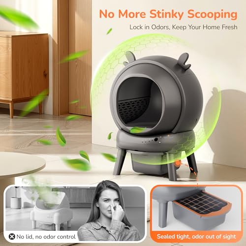 FurryKiddy Automatic Self Cleaning Litter Box, Cat Litter Box with APP Control, 65L Globe & Dual Safety Sensors, Robot Litter Box, 1 Roll Garbage Bags and Litter Mat, <35DB, for Multiple Cats, Grey