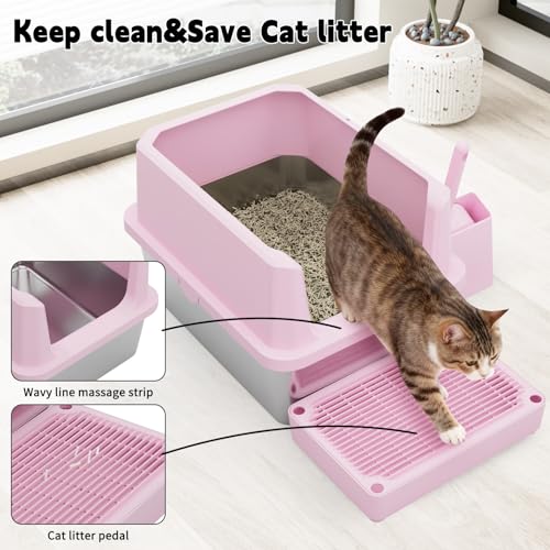 RIZZARI Pink Open-Top Cat Litter Box with Stainless Steel Pan - Extra-Large, Non-Porous & Easy Clean, High Sides Anti-Scatter, Includes Scoop, for Apartment Bathroom or Laundry Room