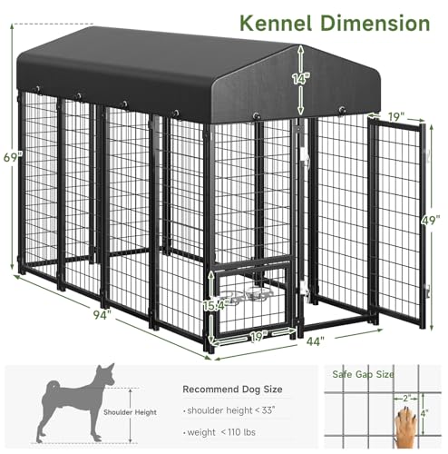 Guiferland Dog Kennel Outdoor, Large Outside Dog Kennel with Roof & Swivel Feeders/Removable Doggy Door Allow Connecting Your Dog House, Heavy Duty Dog Run Pen for Medium/Large Dogs (8'L x 4'W x 6'H)