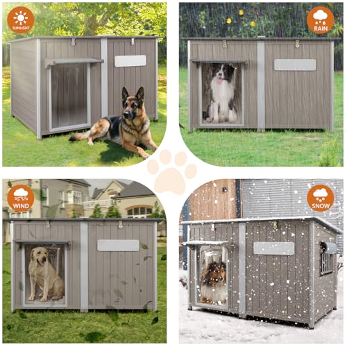 Ketive 55"L Dog House Outdoor Large Breed Extra XL Wooden Dog House with Weatherproof Asphalt Roof, All-Around Iron Frame, Removable Floor, Openable Top Roof, Air Vents Window for Medium to Large Dogs