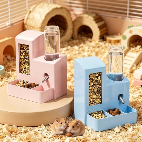 PawluxeNINE Hamster Water Bottle and Feeder, No Drip 2-in-1 Automatic Waterer and Food Dispenser, Gravity Feeding Hamster Cage Accessories for Small Pets 5.51 x 4.33 x 6.49 Inch
