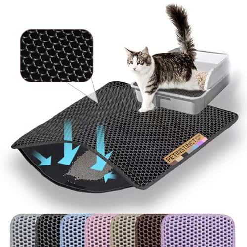Petinstinct Cat Litter Mat, 24x18 Inches Large Double Layer Honeycomb Cat Litter Trapping Mat, Non Slip Waterproof Urine Proof Cat Litter Box Mat for Floor, Kitty Litter Rug, Cat Supplies, Black