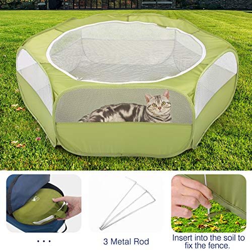 Pawaboo Small Animals Playpen, Waterproof Small Pet Cage Tent with Zippered Cover, Portable Outdoor Yard Fence with 3 Metal Rod for Chick/Kitten/Puppy/Guinea Pig/Rabbits/Hamster/Chinchillas,Green