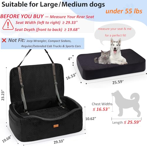 Large Dog Car Seat for Medium Sized, Dog Booster Car Seat, Pet Booster Seats up to 55lbs or 2 Small with 4" Memory Foam for Back Seat, Triple Safety Belts, Storage Pockets, Detachable/Washable