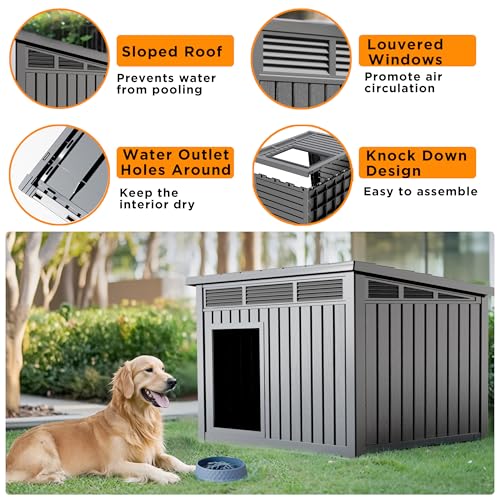 VIXZEN Dog House Outdoor, Indoor Dog House Medium Size Dog with Weatherproof PP Resin Material, Doghouse Outdoor with Openable Roof for Easy Cleaning, Sloped Roof, Air Vents, Easy Assembly (Gray)