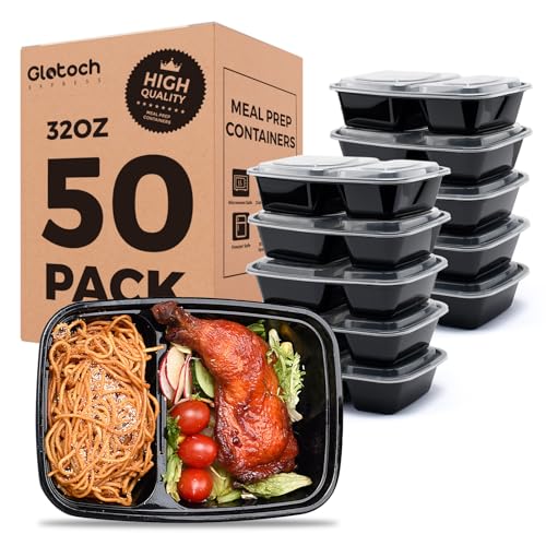 50 Pack (100-Piece) 32 oz Sturdy Leakproof 2-Compartment Meal Prep Containers with Lids, Plastic Food Storage Containers for Lunch, Microwave, Freezer, and Dishwasher Safe Takeout Containers