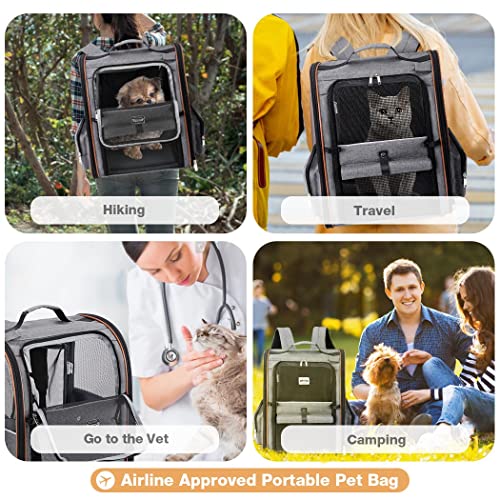 Lekebobor Cat Carrier Backpack, Expandable Pet Carrier with Sun Shade & Full Front Opening, Breathable Mesh Backpack for Small Dogs & Medium Cats Up to 18 Lbs, Foldable for Hiking, Camping (Grey)