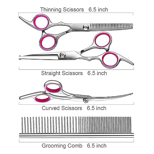 TINMARDA Dog Grooming Kit, Professional Stainless Steel Dog Grooming Scissors with Curved Shears, Pink Finger Rings - 4 Piece Sharp Durable Pet Shears for Dogs Cats At Home Salon-Quality Grooming