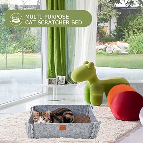 TIGOADT Felt Cat Scratcher Lounge Box with Removable Cardboard,Rectangular Cat Bed with Corrugated Board, Pet Scratching Pad for Furniture Protection, Training Toy (Gray)
