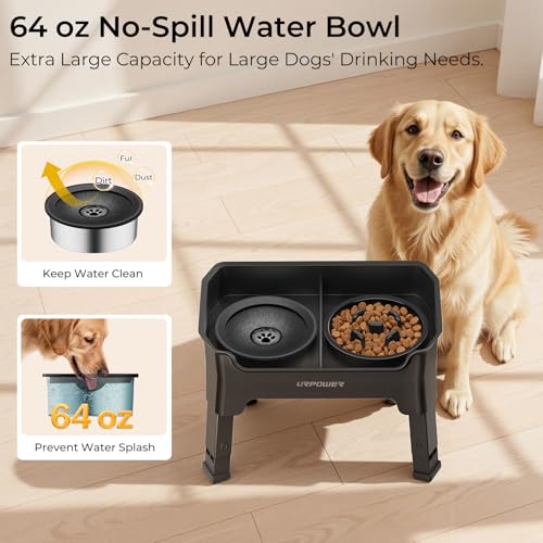 URPOWER Mess Proof Elevated Dog Bowls 4 Height Adjustable Raised Stand with No Spill Water Bowl and Slow Feeder Dog Bowls Non-Slip Food and Water Bowl Set for Small, Medium & Large Dogs