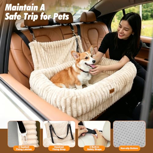 Pawaboo Dog Car Seat, Dog Booster Car Seats with Memory Foam, Thickened Cushion & Washable Removable Cover, Pet Travel Carseat Bed with Safety Leashes for Medium/Large Dogs or 2 Small Dogs, Beige