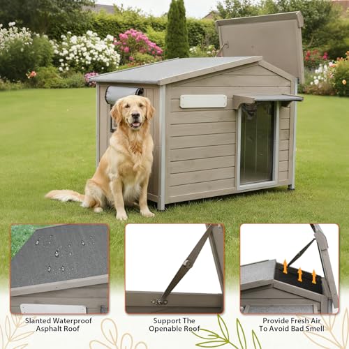 PetsCosset 40.2" L Large Dog House Outdoor & Indoor,Fir Wood Dog Kennel with Weatherproof Openable Asphalt Roof,Spacious Doghouse with Anti-Chewing Metal Edges for Small & Medium & Large Dogs,Grey