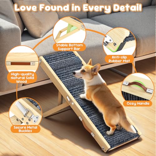 Pawaboo Foldable Dog Ramp, Small Dog Ramp for Couch, 4 Adjustable Height from 13'' to 21", Stable Pet Steps with Non-Slip Pad, Portable Pet Ramps Use for Couch Sofa Stairs, Wood