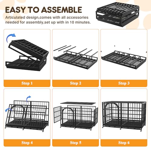 48 Inch Heavy Duty Dog Crate Indestructible Dog Kennel Large Indoor Escape Proof Big Cage for High Anxiety Large Dogs with Wheels, Locks and Removable Trays