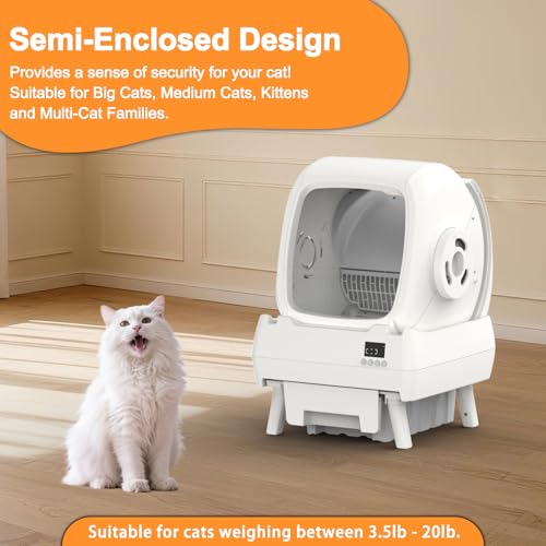 FRCFRC Automatic Cat Litter Box Self Cleaning - App Control, Cat Toilet Records, Suitable for Big Cats, Medium Cats, Kittens and Multi-Cat Families, Anti-Pinch, Low Noise【Assembly Required】- White