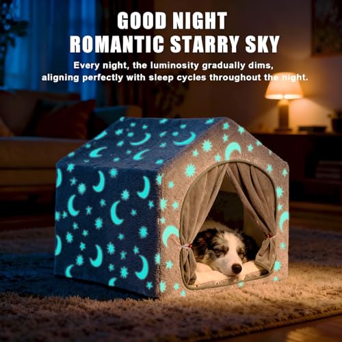 Pelemee Indoor Dog House, Night-Luminous Star Dog Tent with Frame, Washable Dog Cave Bed, Suitable for 36-66 lb Medium and Large Dog